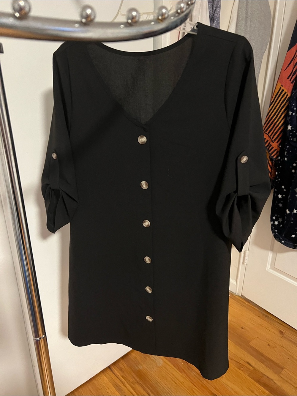 Black Button-Front V-Neck Tunic Dress